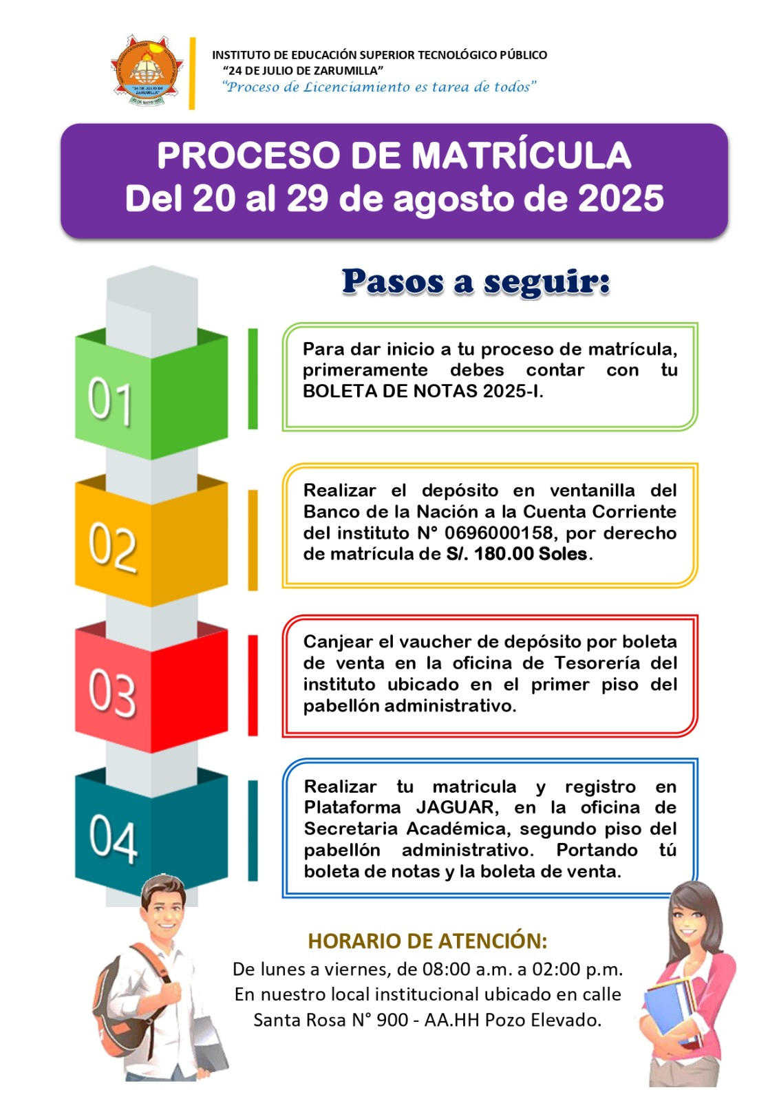 Proceso de matrícula del 20 al 29 de agosto 2025